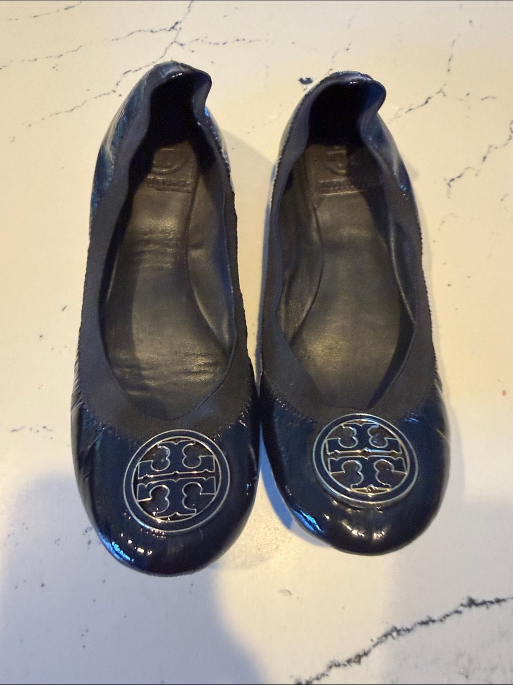 Tory Burch Navy Patent Leather Logo Ballet Flats
